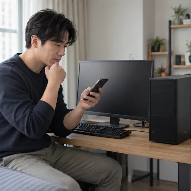 한 남성이 휴대전화를 보며 본체와 모니터가 놓인 책상 앞에 앉아 있다.