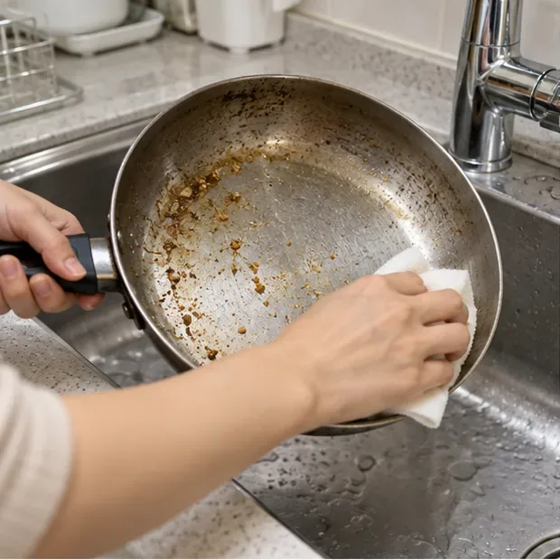 싱크대에서 손으로 프라이팬 안쪽의 음식물 찌꺼기를 닦아내는 모습.