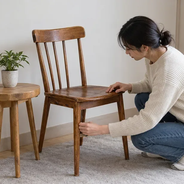 한 사람이 상태가 괜찮은 목재 의자의 다리와 좌판을 살펴보고 있다