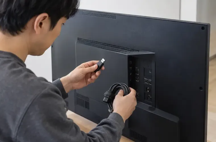 TV 뒤쪽에서 USB 기기와 케이블을 분리하는 모습