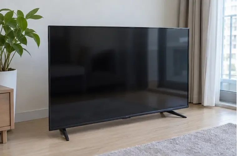 실내 바닥에 전원 플러그를 뽑은 상태로 세워 둔 정상 형태의 평면 TV