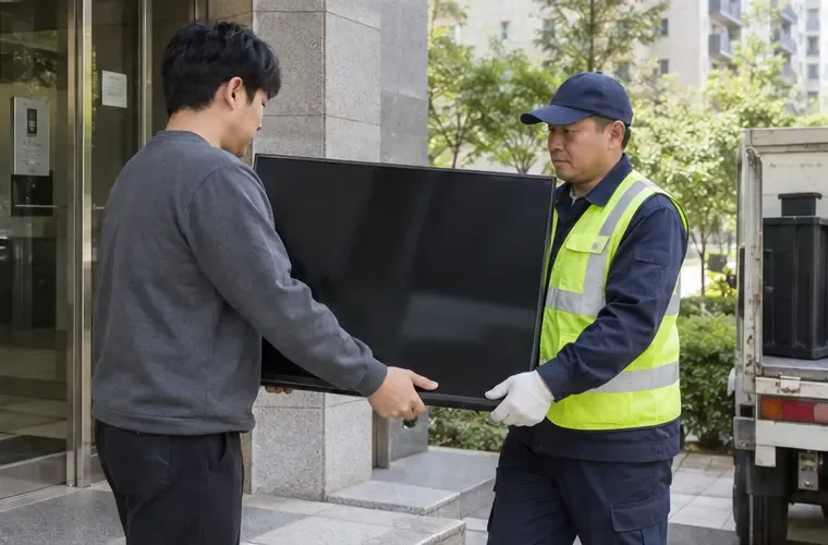아파트 출입구에서 주민과 수거 담당자가 정상 형태의 평면 TV를 안전하게 인계하는 모습