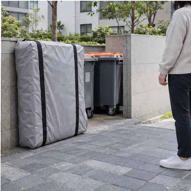 공동주택의 지정된 폐기물 공간 주변에 운반된 포장 매트리스와 이를 확인하는 주민