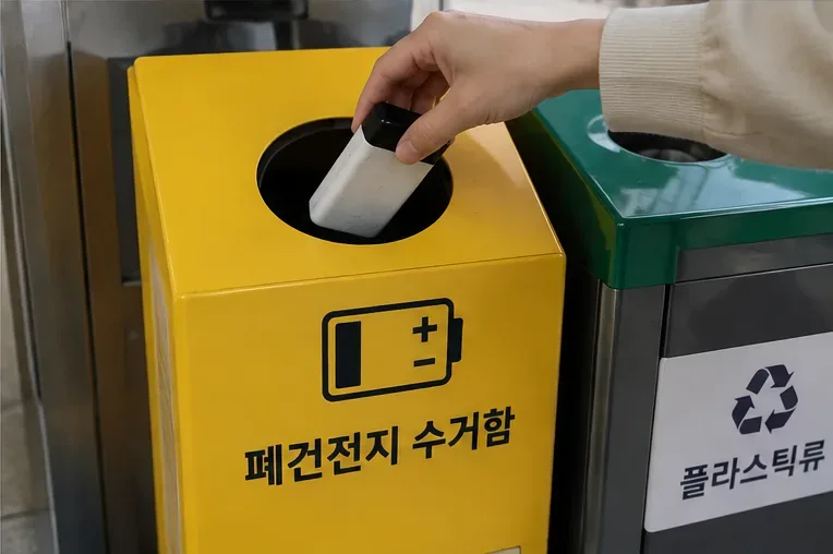 폐건전지 수거함이라고 표시된 노란 수거함에 보조배터리를 넣는 모습