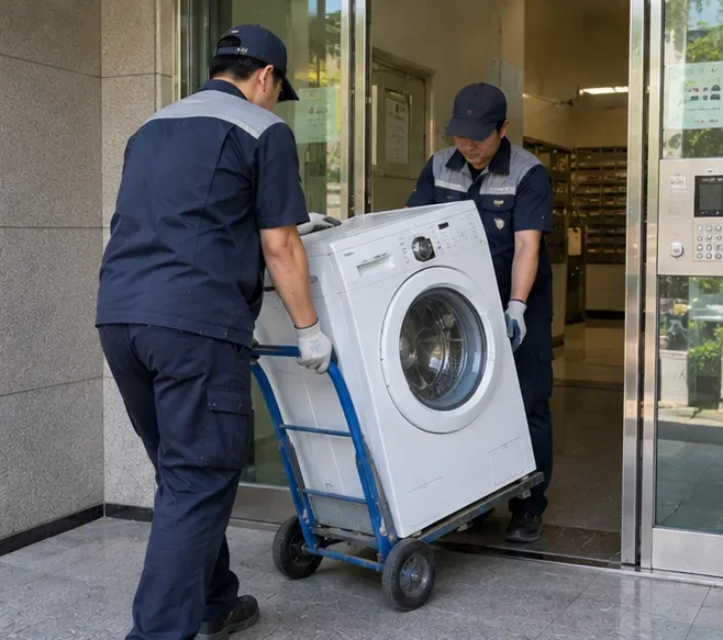 두 명의 작업자가 운반 카트에 실린 드럼세탁기를 공동주택 출입구로 옮기는 모습