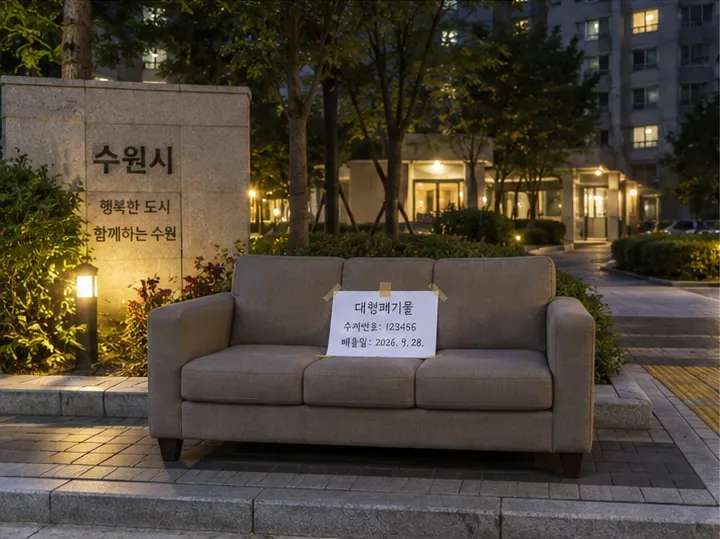 저녁 시간 아파트 외부의 지정된 공간에 접수정보가 부착된 소파가 놓여 있는 모습