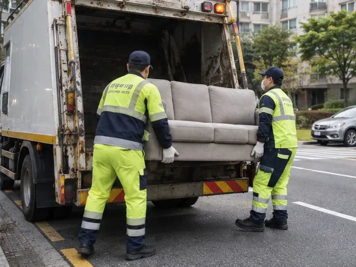 공동주택 앞에서 수거 작업자 두 명이 소파를 대형폐기물 수거 차량에 싣는 모습