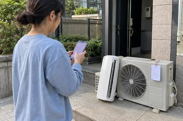 분리해 둔 에어컨 실외기 옆에서 휴대전화로 배출 신청 내용을 확인하는 주민