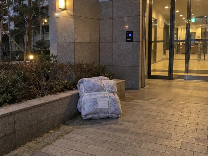 저녁 무렵 공동주택 출입구 바깥 바닥에 묶어 둔 이불