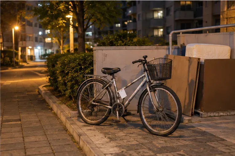 해가 진 뒤 아파트 단지의 대형폐기물 배출 구역 옆에 신고 표지가 붙은 자전거가 놓인 모습