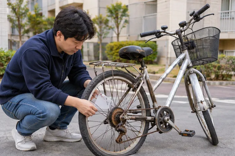 수원 아파트 단지에서 녹슨 자전거의 바퀴와 구동계를 살펴보며 폐기 전 상태를 확인하는 모습
