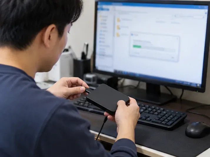 컴퓨터에서 외장 저장장치로 자료를 옮겨 백업하는 모습