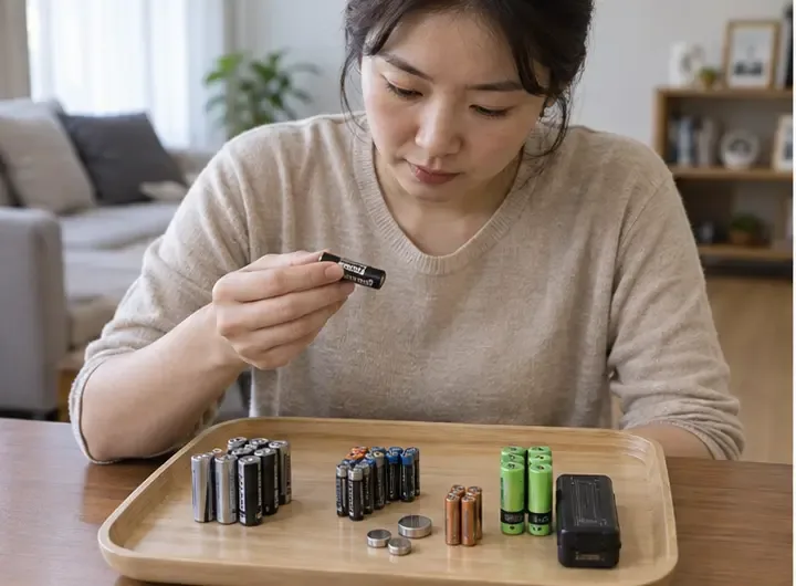 한 시민이 집에서 AA, AAA, 단추형, 충전식 배터리를 종류별로 나누어 확인하는 모습