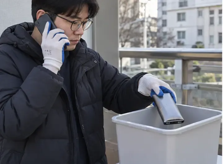 한 시민이 장갑을 낀 채 수거함에 들어가지 않는 배터리를 따로 두고 행정복지센터에 문의하는 모습