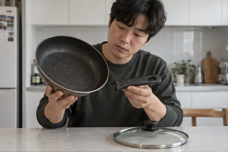 사용자가 금속 프라이팬 본체와 분리된 손잡이를 들고 재질을 살펴보는 모습