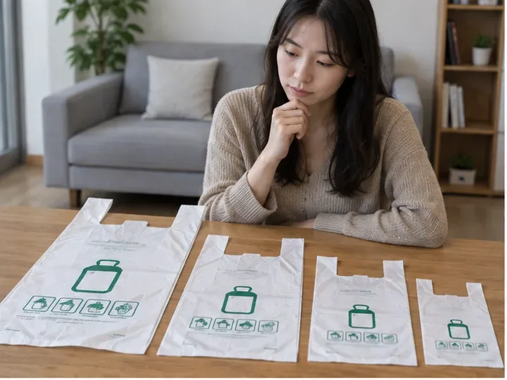 집에서 크기가 다른 쓰레기봉투를 비교하며 필요한 용량을 정하는 모습