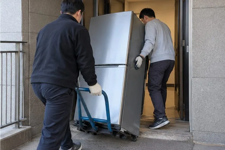 작업자 두 명이 운반용 대차를 이용해 냉장고를 옮기는 모습입니다.
