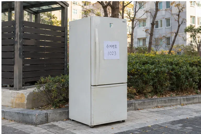 아파트 배출 공간에 수거번호 메모를 붙여 둔 냉장고