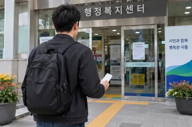 보조배터리를 들고 시흥의 행정복지센터 입구로 가는 시민의 모습