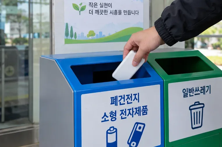 보조배터리를 일반쓰레기함이 아니라 폐건전지·소형 전자제품 수거함에 넣는 모습