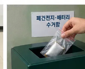 투명 보호 봉투에 분리된 보조배터리를 폐전지 전용 수거함 쪽으로 가져가는 손