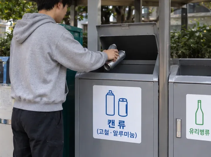 주민이 비어 있는 스프레이캔을 캔류 고철·알루미늄 전용 재활용함에 넣는 모습