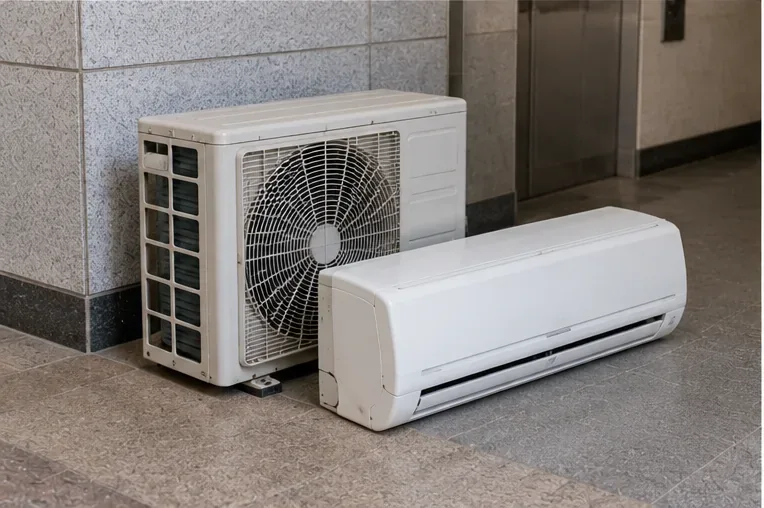 철거가 끝난 에어컨 실내기와 실외기가 건물 안쪽 바닥에 나란히 놓여 있는 모습