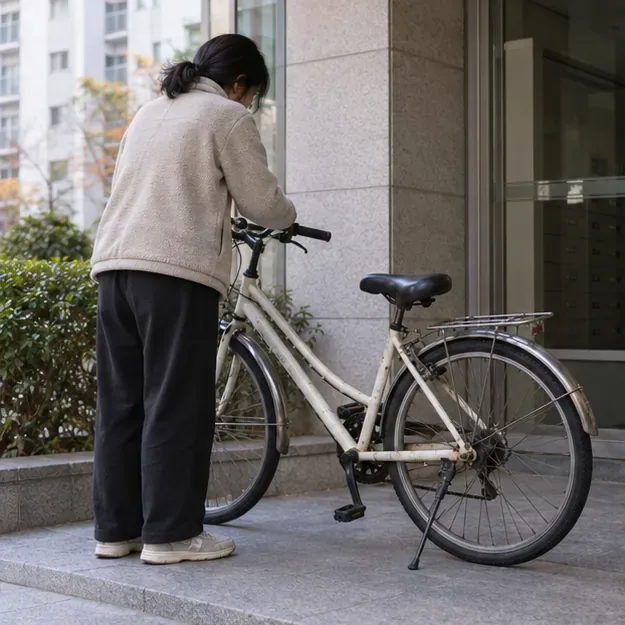 아파트 입구에서 한 사람이 자전거의 상태를 살펴보고 있다