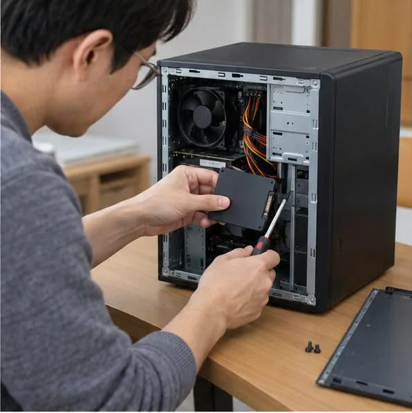 전원이 분리된 데스크톱 본체의 옆판이 열려 있고, 한 사람이 내부 저장장치를 분리하는 장면이다. 무료 수거 전에 물리적 분해를 문의해야 하는 상황을 설명한다.