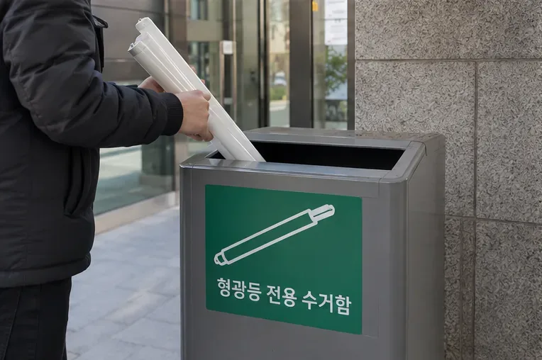 사람이 깨지지 않은 직관형 형광등 여러 개를 형광등 전용 수거함에 조심스럽게 넣는 모습