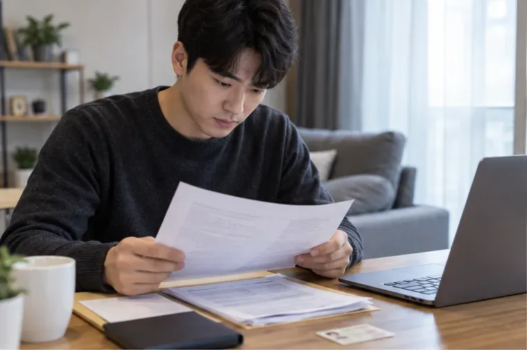 퇴사 후 실업급여 신청을 준비하며 서류와 노트북을 함께 확인하는 구직자