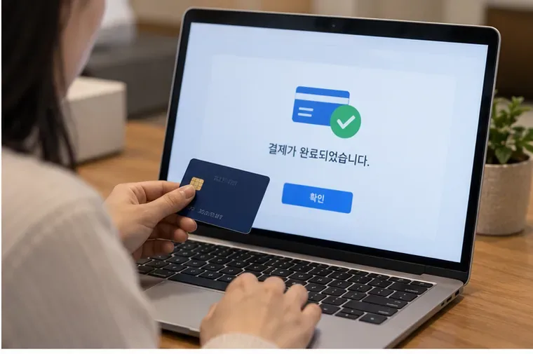 노트북에서 카드 결제가 완료됐다는 확인 화면을 보는 모습