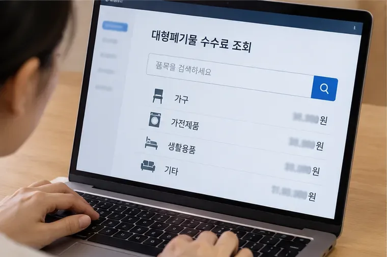 노트북 화면에서 대형폐기물 수수료 조회 항목을 검색하는 모습