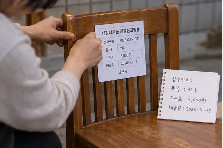 나무 의자 등받이에 대형폐기물 배출신고필증을 부착하는 모습