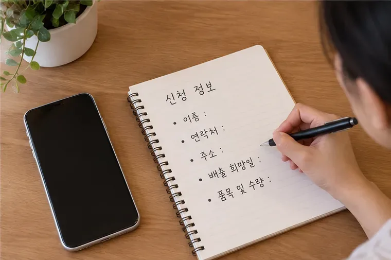 노트에 이름, 연락처, 주소, 배출 희망일, 품목과 수량을 적어 준비하는 모습