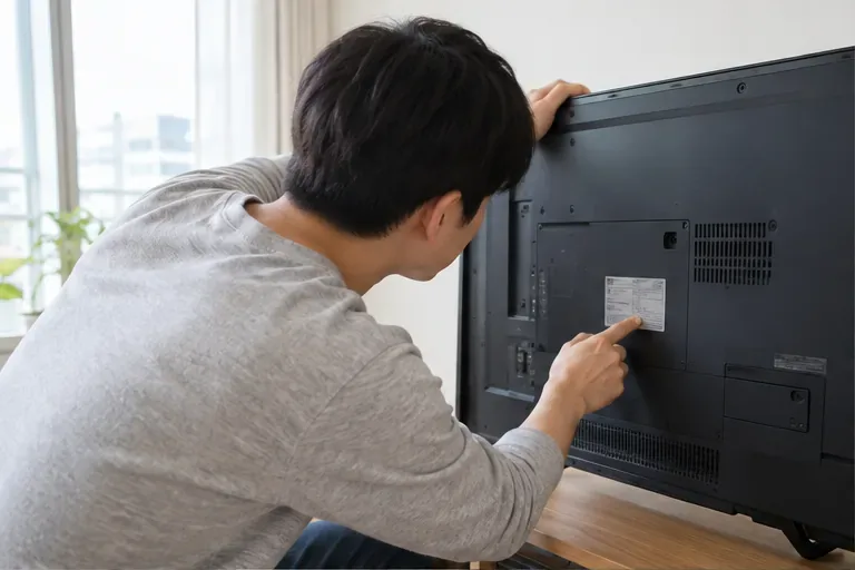 거주자가 평면 TV 뒷면의 모델 표기와 외관을 살펴보고 있다