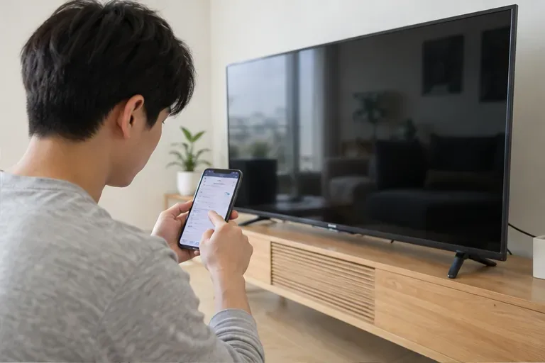 평면 TV 옆에서 거주자가 스마트폰으로 수거 예약 내용을 확인하고 있다