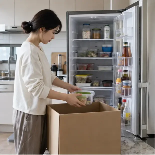 한 주민이 냉장고 안의 음식과 용기를 상자에 옮겨 담고 있다