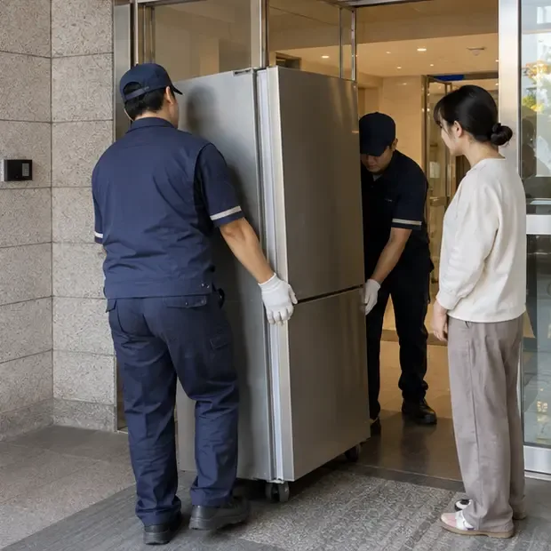 수거 직원 두 명이 아파트 출입구에서 냉장고를 안전하게 이동하고 있다