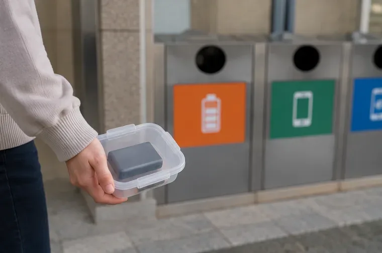 정상 상태의 보조배터리를 작은 투명 용기에 따로 넣어 수거 장소로 가져가는 모습