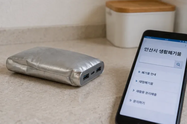 부풀어 오른 보조배터리를 정상 제품과 분리해 놓고 처리 방법을 확인하는 모습