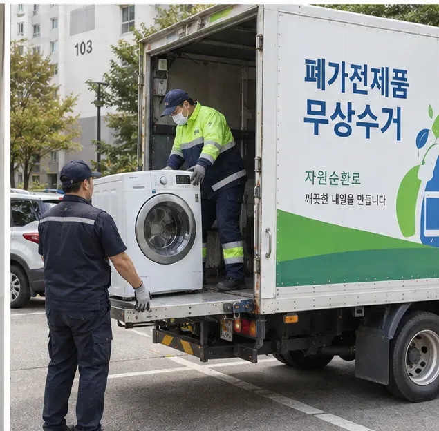 폐가전 무상수거 차량에 드럼세탁기를 싣는 작업자의 모습