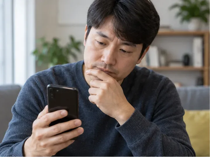 한 남성이 오래된 스마트폰의 상태를 살펴보며 재사용이나 폐기를 결정하는 모습