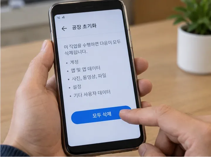 스마트폰 화면에 공장 초기화와 사용자 데이터 삭제 안내가 표시된 모습