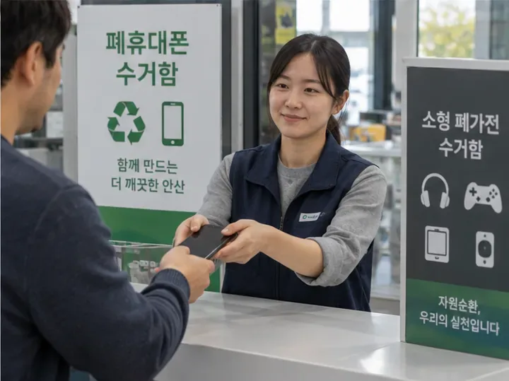폐휴대폰 수거 안내가 있는 접수대에서 이용자가 직원에게 스마트폰을 전달하는 모습