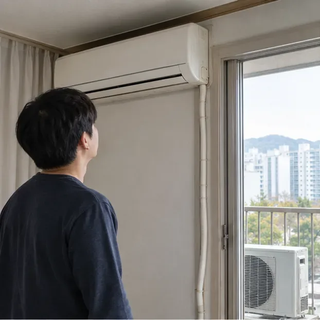 벽걸이 에어컨의 실내기와 실외기를 확인하는 사람