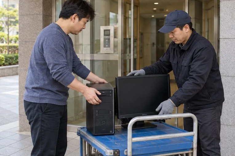 아파트 출입구 근처에서 본체와 모니터를 수거 작업자에게 인계하는 모습