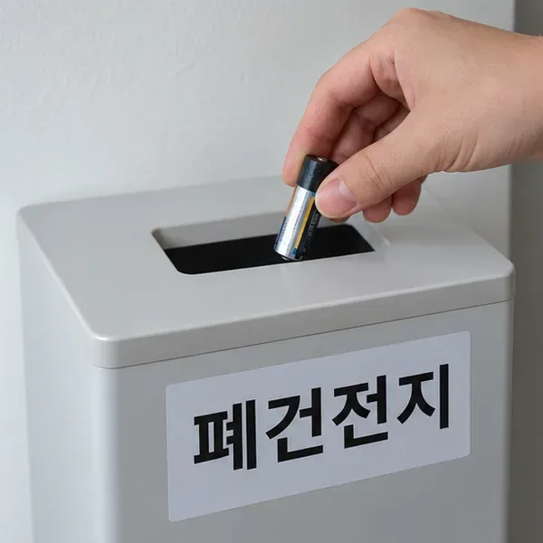 폐건전지라고 적힌 회색 전용 수거함의 투입구로 원통형 건전지를 넣는 손