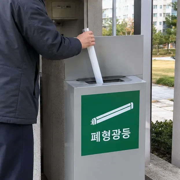 공동주택 분리배출장의 폐형광등 전용수거함에 직관형 형광등을 넣는 모습