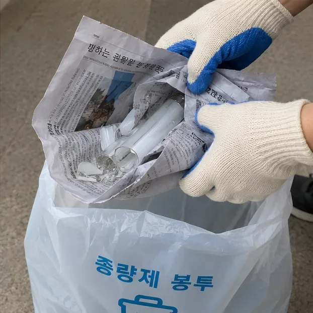 장갑을 낀 손으로 깨진 형광등 유리 조각을 신문지에 감싸 종량제봉투에 넣는 모습
